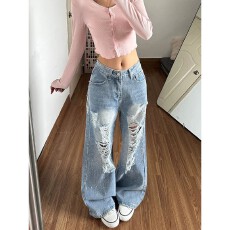 批发美式高街设计感烫钻破洞牛仔裤子女夏季辣妹时尚翅膀刺绣拖地长裤