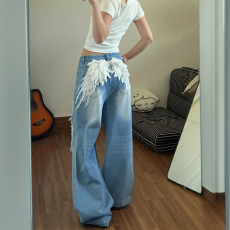 批发美式高街设计感烫钻破洞牛仔裤子女夏季辣妹时尚翅膀刺绣拖地长裤