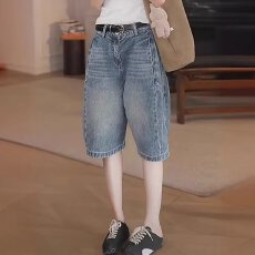 批发美式复古水洗五分牛仔短裤女高腰遮胯显瘦小个子百搭a字阔腿中裤