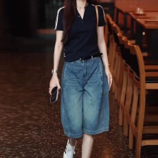 批发夏季薄款深蓝色阔腿短裤女外穿夏2026新款中裤高级感五分牛仔裤子