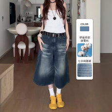批发美式阔腿牛仔七分裤女夏季新款大码胖mm梨形身材宽松显瘦直筒裤子