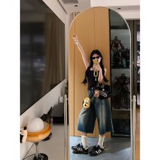 批发美式阔腿牛仔七分裤女夏季新款大码胖mm梨形身材宽松显瘦直筒裤子