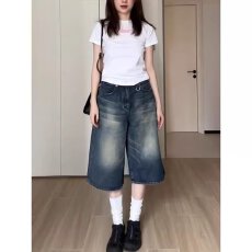 批发美式复古宽松廓形水洗做旧七分牛仔短裤女夏季高街设计感阔腿中裤