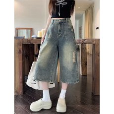 批发美式复古做旧破洞牛仔裤女2025年<b class='q'>春</b>夏季新款高腰直筒宽松阔腿裤子