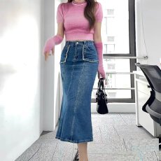 批发复古蓝牛仔裙女春<b class='q'>秋</b>2026新款显瘦高腰中长款毛边包臀a字半身裙子