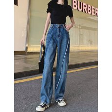 批发美式复古蓝阔腿牛仔裤女<b class='q'>秋</b>冬新款爆款高腰宽松大码垂感拖地长裤子