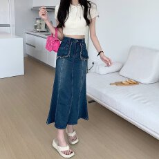 批发高腰牛仔半身裙春<b class='q'>秋</b>梨形宽松显瘦遮跨a字包臀开叉中长款鱼尾裙