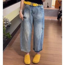 批发大码破洞九分哈伦牛仔裤女<b class='q'>夏</b>季新款小个子胖mm宽松萝卜裤阔腿裤子