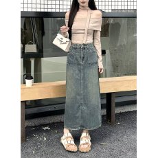 批发2026春季梨形身材减龄大口袋开叉牛仔裙胖mm遮肉显瘦设计感半身裙
