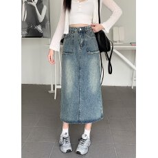 批发复古高腰牛仔半身裙女2026春<b class='q'>夏</b>御姐风遮胯显瘦后开叉中长款A字裙