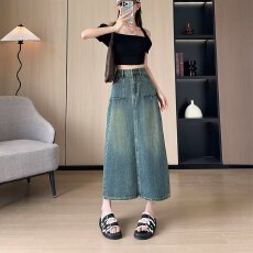 批发实拍高腰牛仔半身裙女<b class='q'>夏</b>2026新款复古开叉百搭中长款a字裙