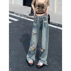 批发大码复古美式破洞牛仔裤女春<b class='q'>秋</b>2026新款拖地高腰直筒宽松阔腿长裤