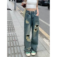 批发浅色做旧破洞直筒牛仔裤女春<b class='q'>秋</b>大码胖mm高腰美式复古阔腿拖地裤子