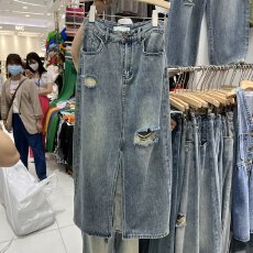 批发大码新款复古破洞开叉牛仔半身裙女学生高腰宽松显瘦中长裙