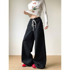批发美式复古波点抽绳直筒休闲裤女<b class='q'>秋</b>季高街设计感宽松显瘦垂感阔腿裤