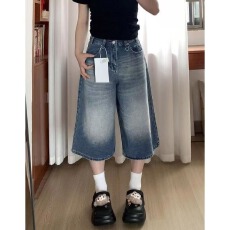 批发美式阔腿牛仔七分裤女<b class='q'>夏</b>季新款宽松显瘦梨形身材直筒短裤