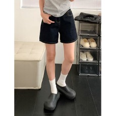 批发小个子美式高街深蓝色阔腿显瘦显高牛仔短裤女<b class='q'>夏</b>高腰a字直筒热裤