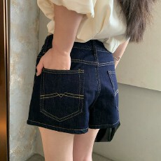 批发低腰百搭直筒辣妹小个子深蓝色复古阔腿牛仔短裤