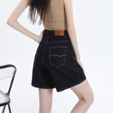 批发小个子深蓝色阔腿显瘦显高牛仔短裤女<b class='q'>夏</b>高腰休闲百搭a字直筒热裤