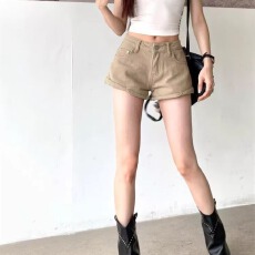 批发美式卡其色卷边牛仔短裤女<b class='q'>夏</b>季新款复古休闲小个子显瘦阔腿裤短裤