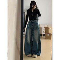 批发复古做旧阔腿牛仔裤女秋季新款高腰慵懒宽松显瘦垂感直筒拖地裤子
