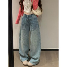 批发美式辣妹刺绣烫钻直筒牛仔裤女<b class='q'>夏</b>季高街设计感宽松阔腿拖地长裤潮