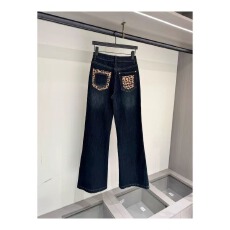 批发美式复古豹纹口袋牛仔裤女春秋新款高腰显瘦休闲百搭宽松直筒长裤