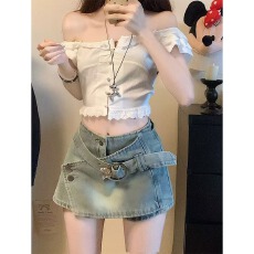 批发美式复古设计感牛仔半身裙女春季新款大码胖mm高腰a字包臀裙短裙
