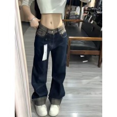 批发大码美式格纹拼接卷边直筒牛仔裤女春季新款复古设计感宽松阔腿裤