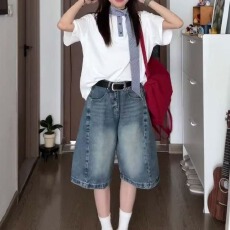 批发阔腿牛仔短裤女夏季美式复古水洗做旧小个子百搭显瘦五分裤中裤子