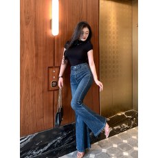 批发美翘臀长腿裤2024新款高腰弹力显瘦辣妹深蓝色口袋微喇叭牛仔裤女