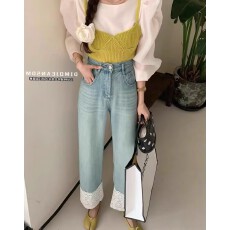 批发白花边镂空撞色高腰直筒<b class='q'>牛仔裤</b><b class='q'>女</b>春夏<b class='q'>韩版</b>宽松显瘦九分休闲阔腿<b class='q'>裤</b>