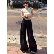 批发美式复古直筒牛仔裤女2024年秋<b class='q'>冬</b>宽松垂感百搭拖地阔腿裤