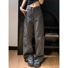 批发美式复古直筒牛仔裤女2024年秋<b class='q'>冬</b>宽松垂感百搭拖地阔腿裤