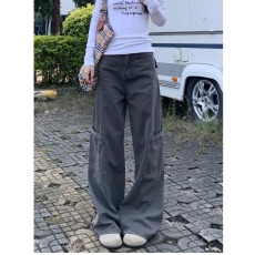 批发美式灰色阔腿工装裤女秋冬季新款宽松身材显瘦直筒牛仔裤子