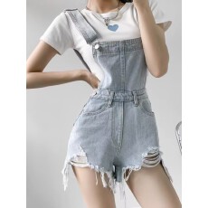 批发牛仔<b class='q'>背带裤</b>女夏薄款破洞短裤小个子阔腿毛边高腰复古港味减龄宽松