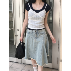 批发水洗做旧流苏毛边不规则牛仔半身裙