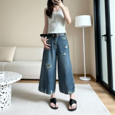批发复古破洞高腰七分阔腿牛仔裤女夏季2026新款水洗宽松显瘦直筒中裤