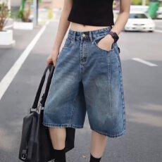 批发八分阔腿牛仔裤女夏季薄款2026新款高腰垂感宽松中裤蓝色直筒裤子