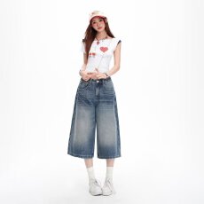 批发美式复古水洗七分牛仔短裤女夏季新款宽松显瘦直筒7分阔腿中裤