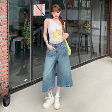 批发美式复古裂纹七分直筒牛仔裤女新款小个子宽松中裤