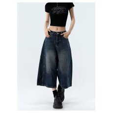 批发复古六七分阔腿牛仔短裤女夏季款高腰黑灰色垂感百搭宽松直筒中裤