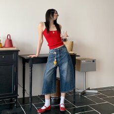 批发<b class='q'>春</b>夏复古水洗蓝七分牛仔裤男女款高腰阔腿裤宽松直筒裤