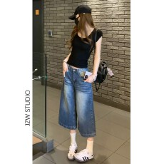 批发复古宽松七分阔腿牛仔<b class='q'>裤</b>女夏季新款小个子八分显瘦百搭直筒中<b class='q'>裤</b>子