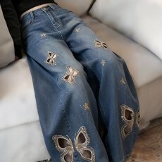 批发蝴蝶镂空烫钻阔腿牛仔<b class='q'>裤</b>女夏季薄款高腰显瘦宽松休闲长<b class='q'>裤</b>