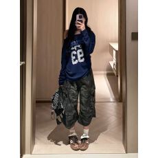 批发夏季美式复古多口袋迷彩工装裤短裤男女宽松直筒阔腿七分裤子潮