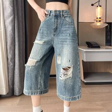 批发夏季美式休闲痞帅水洗复古做旧破洞牛仔短裤男宽松百搭七分裤子潮