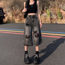 批发2026夏季新款美式设计感显瘦七分裤女高腰宽松休闲百搭阔腿裤