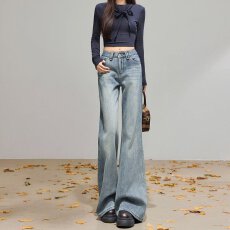 批发美式复古水洗蓝微喇牛仔裤女2026夏季新款高腰宽松港风直筒阔腿裤