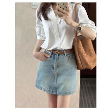 批发浅色高腰牛仔短裙女夏季新款大码胖mm遮肚显瘦梨形身材a字半身裙
